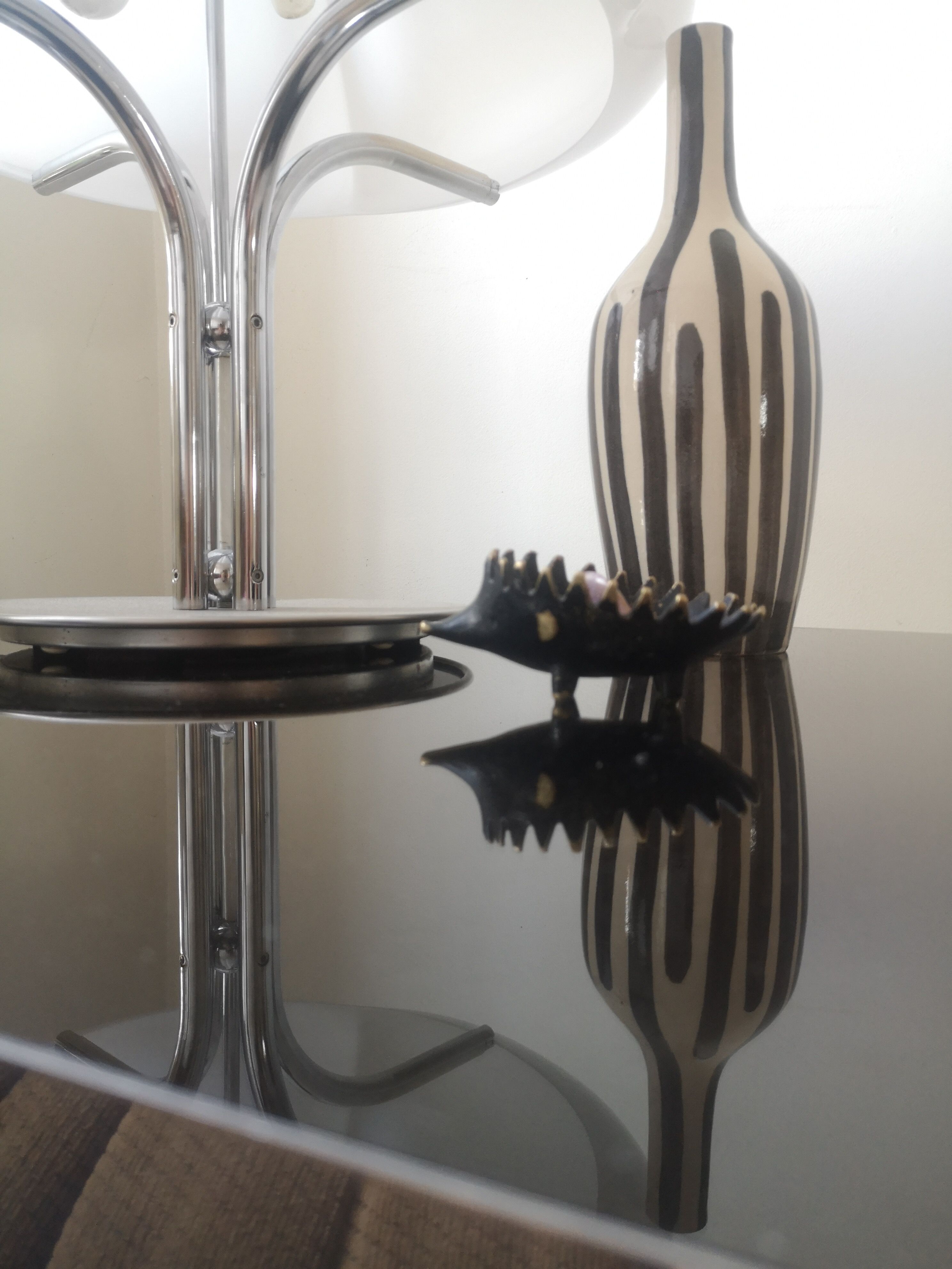 Coffee table design smoked mirror and steel sheet, belgium 1970
