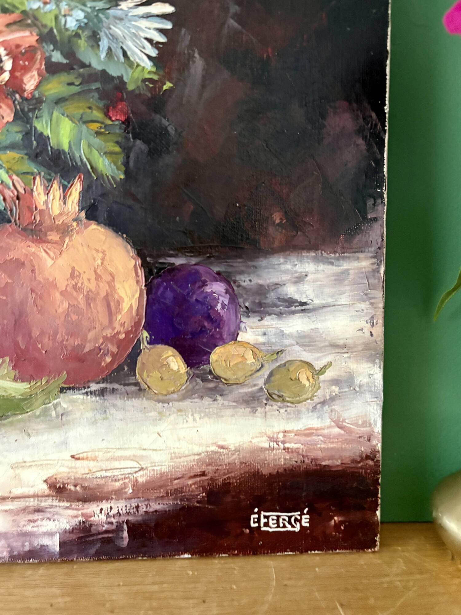 Old painting, still life of flowers and fruits.