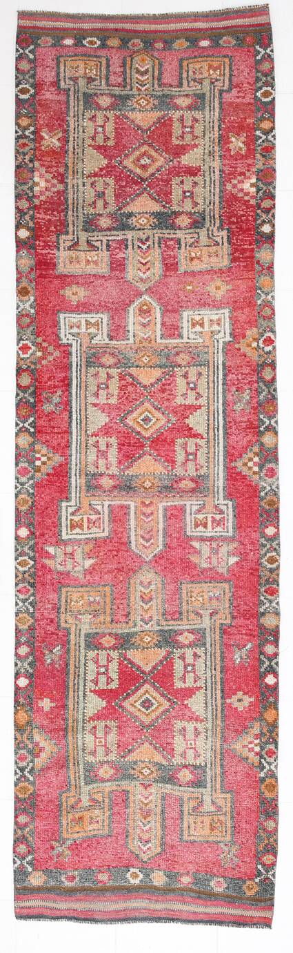 4x12 Vintage Long Wide Vintage Runner, Soft Red Wool Runner Rug, 104x363Cm