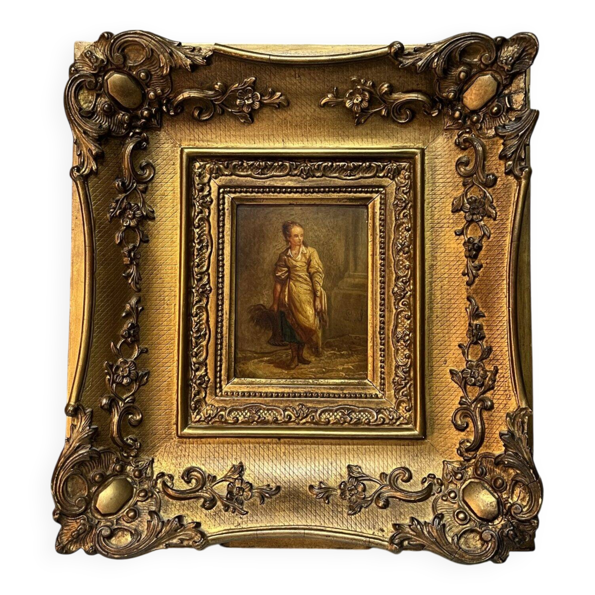 Oil on wood panel, woman with basket, signed LP, Jean Baptiste Le Prince?