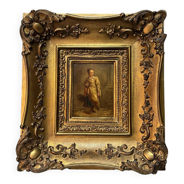 Oil on wood panel, woman with basket, signed LP, Jean Baptiste Le Prince?