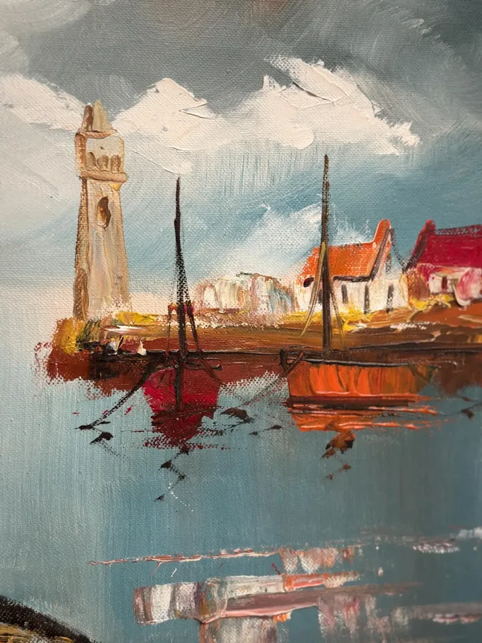 Original Swedish Oil on Canvas – “Boats” by Lennart Börje – Signed – Vintage & Framed 88.5 cm x 48.5 cm (34.8" × 19")