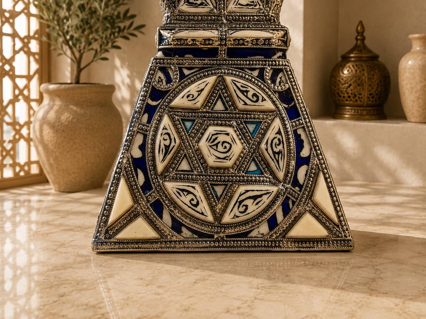 Handcrafted Moroccan Hanukkah menorah in glazed ceramic – Handmade – 30 × 30