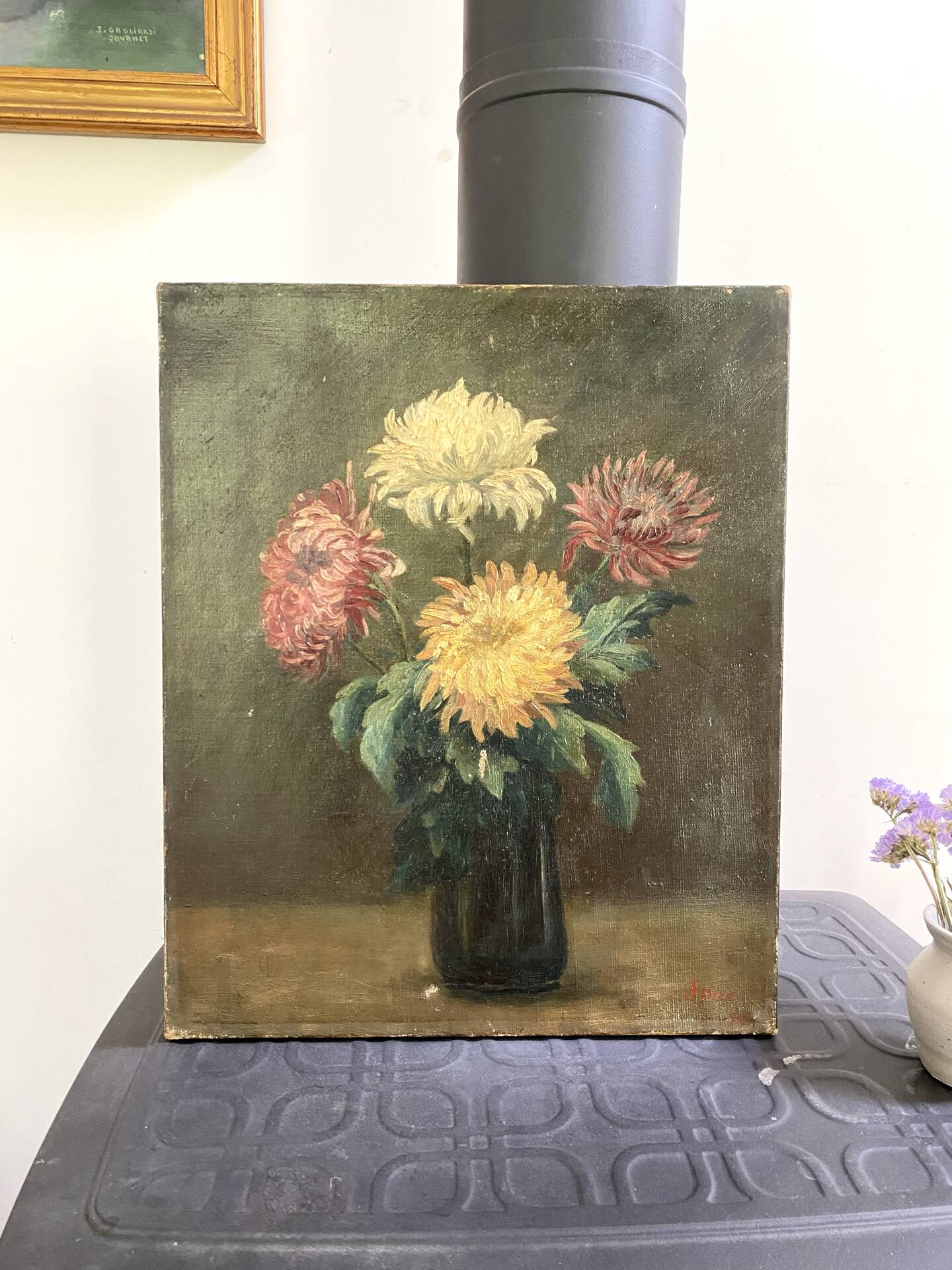Old Painting Oil on Canvas Late 19th Century – Still Life with Chrysanthemums