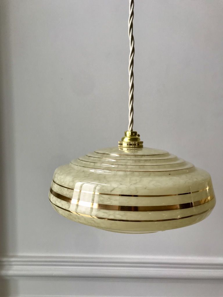 Pair of suspensions in yellow Clichy glass and golden border 40s-50s