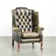 Vintage cowhide leather Chesterfield wingback armchair in a green colour