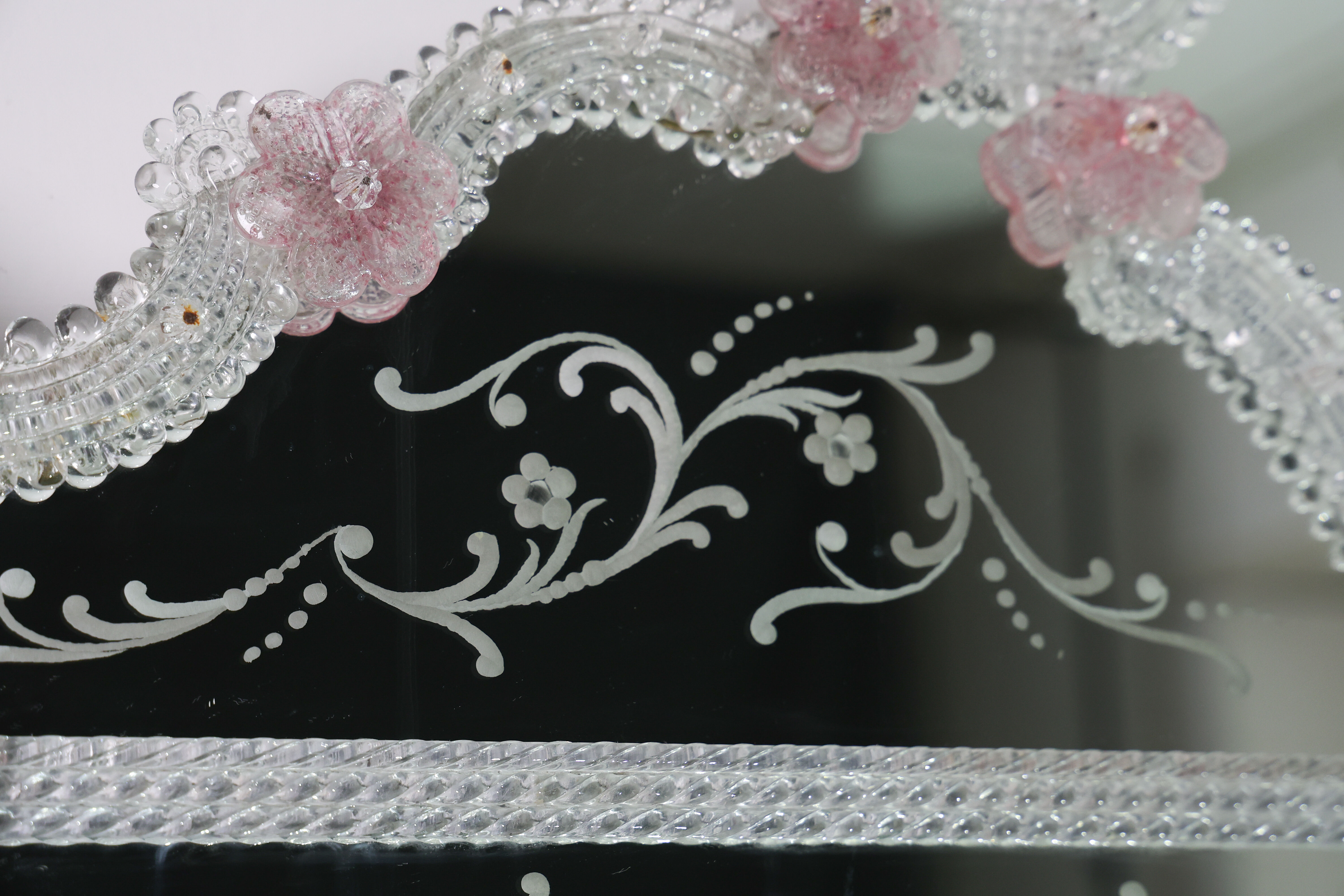 Exceptional Extra Large Size Vintage Pink Murano Glass Wall Mirror, 1950s
