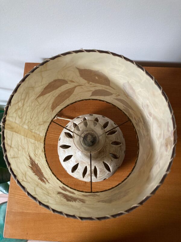 Lampe vintage en céramique ajourée et abat jour en fleurs sechées 70