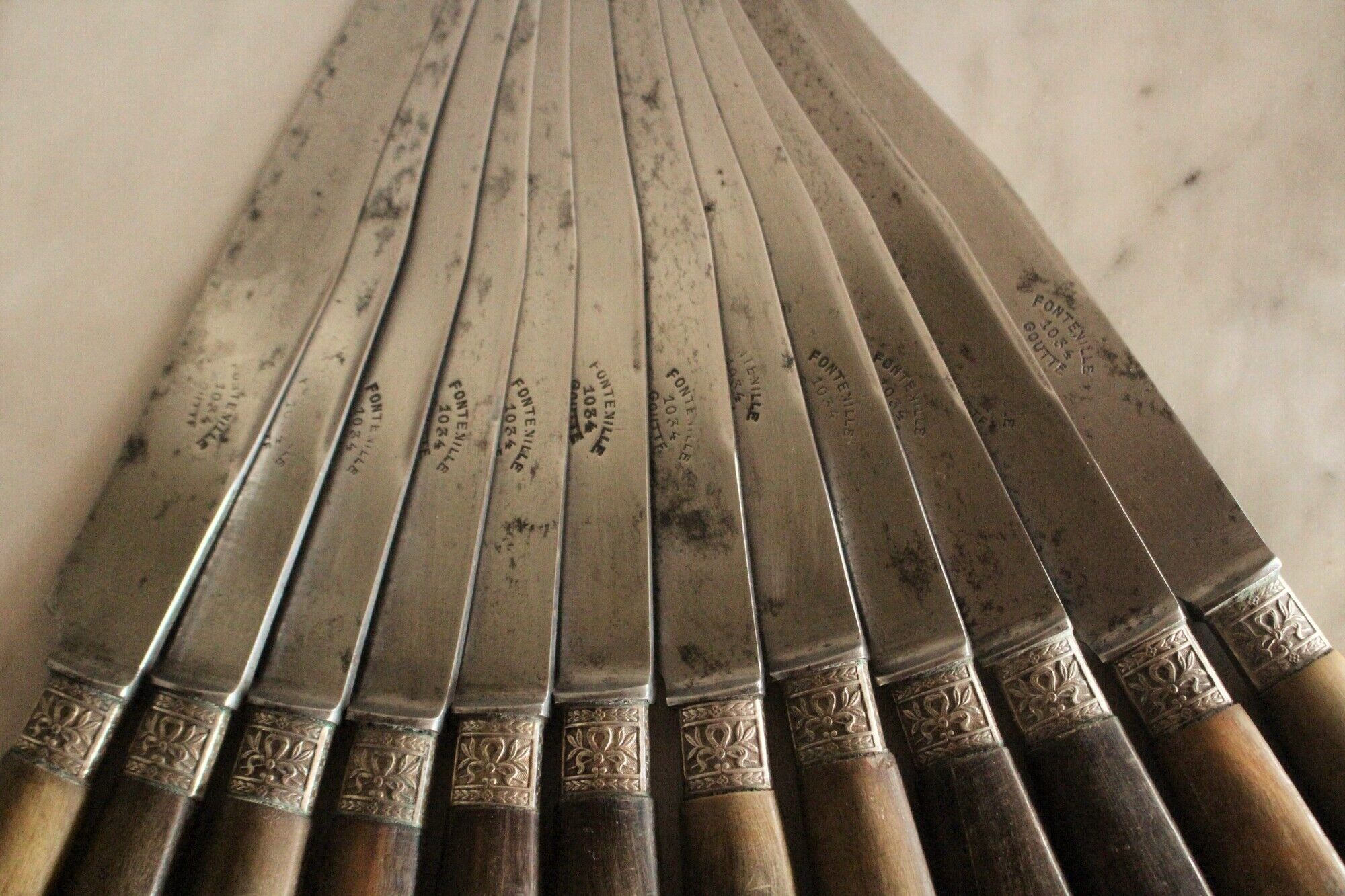 Lot 12 old knives handle wood fontenille 1034 drop viroles