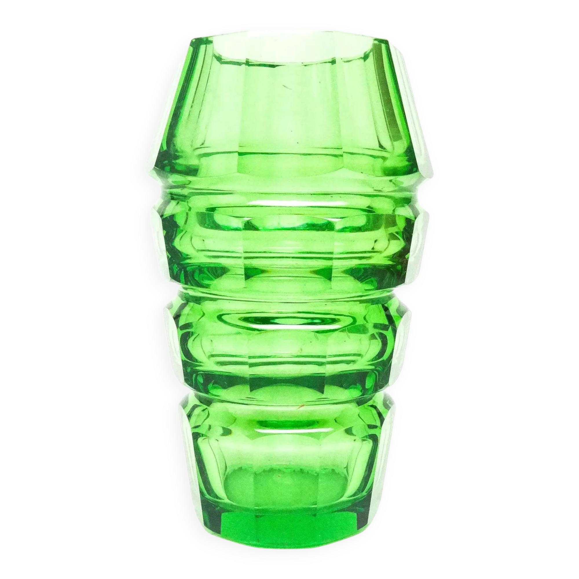 Art Deco vase, green crystal, designed by J. Hoffmann, Czechoslovakia, 1930s
