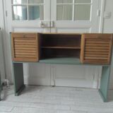 Console made with some old walnut elements. Unique smoky green piece.