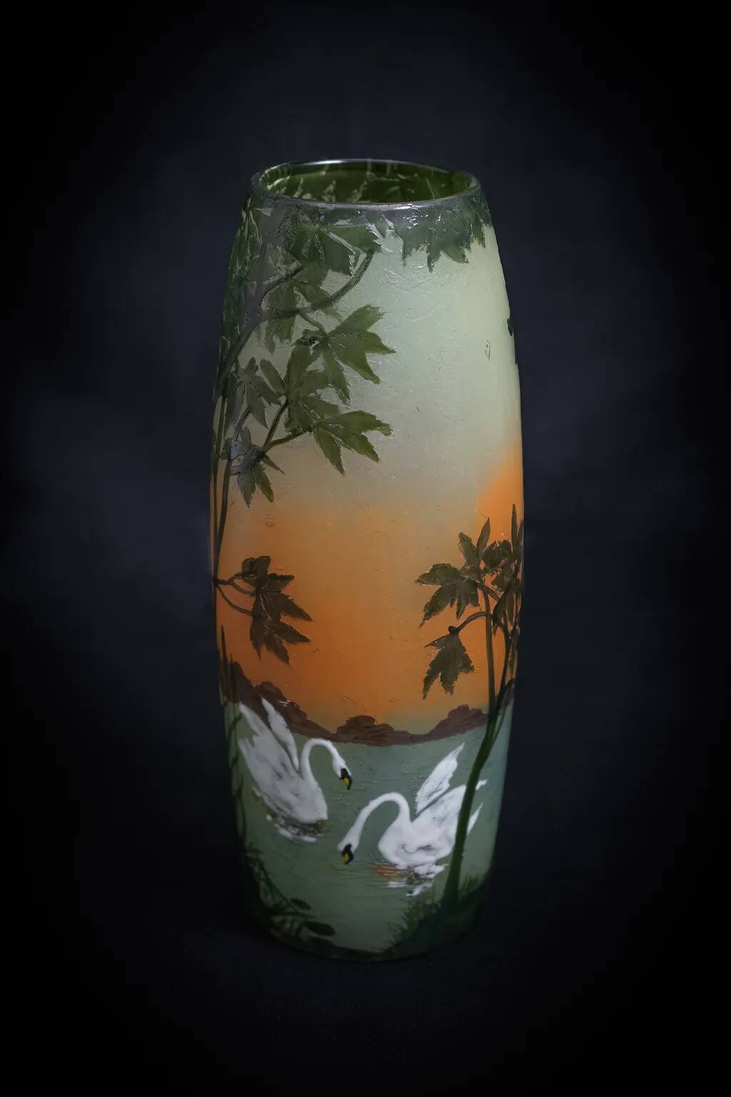 Large Legras Art Nouveau vase in acid-etched glass | Swan Lake