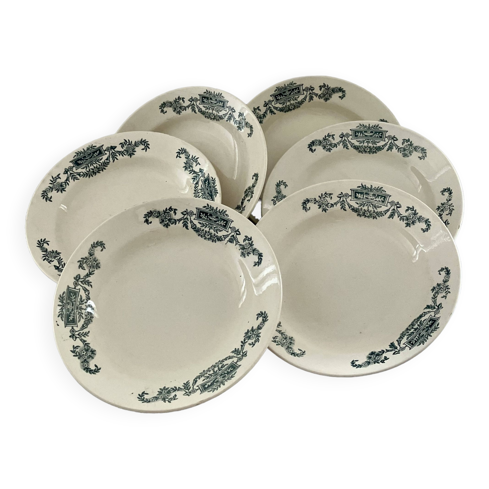 6 hollow plates, service Lutetia - Longchamp, Terre de fer