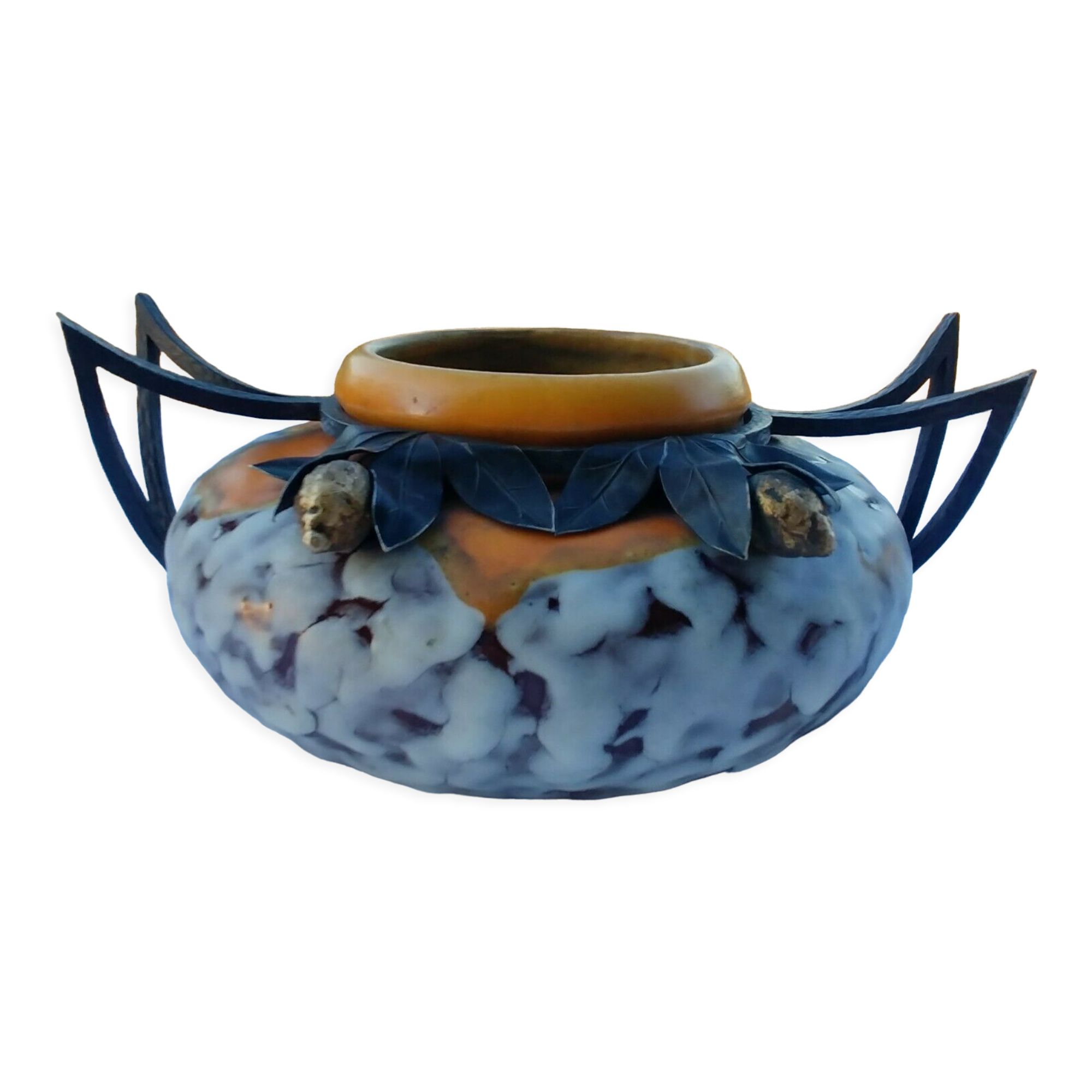 Art Deco ceramic vase wrought iron frame with lemon tree decoration L Date