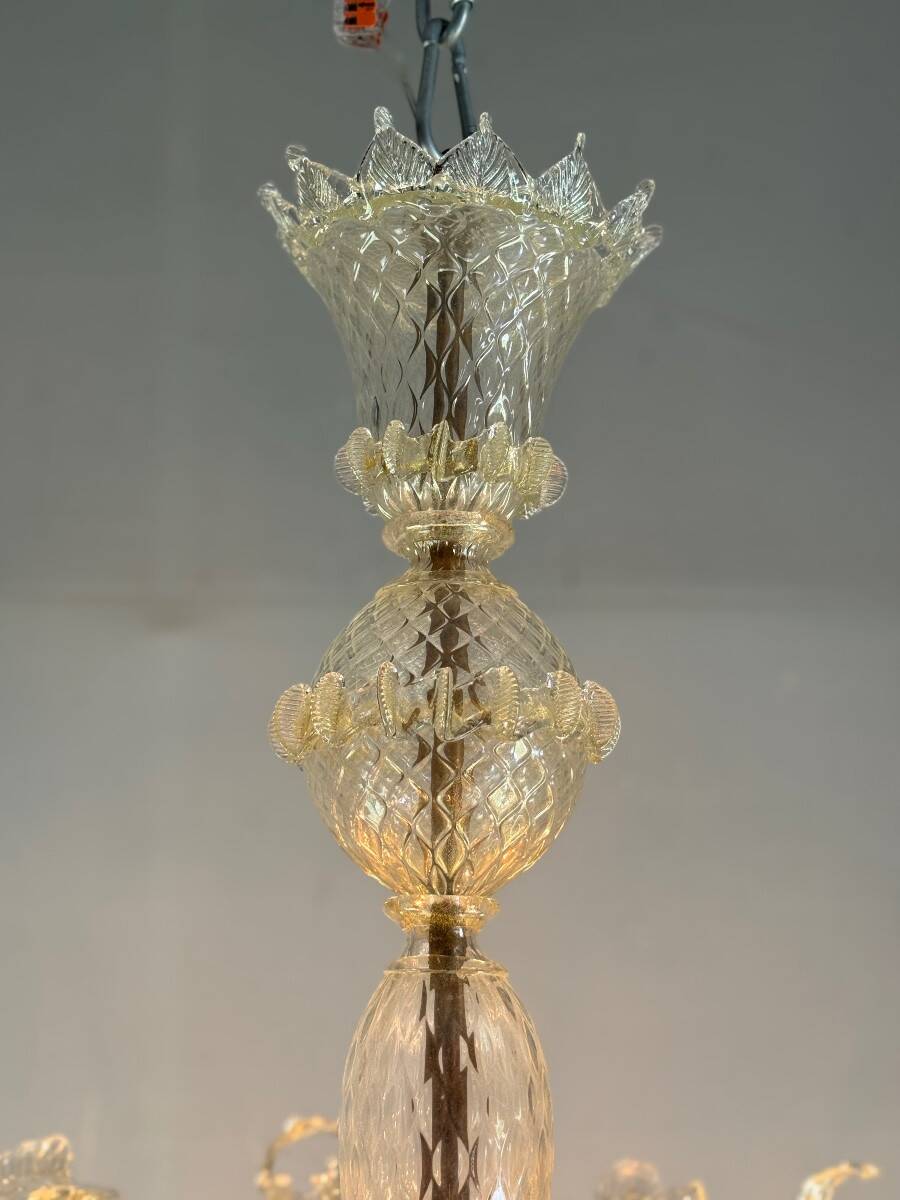 Venetian chandelier in gilded Murano glass, 6 light arms circa 1940