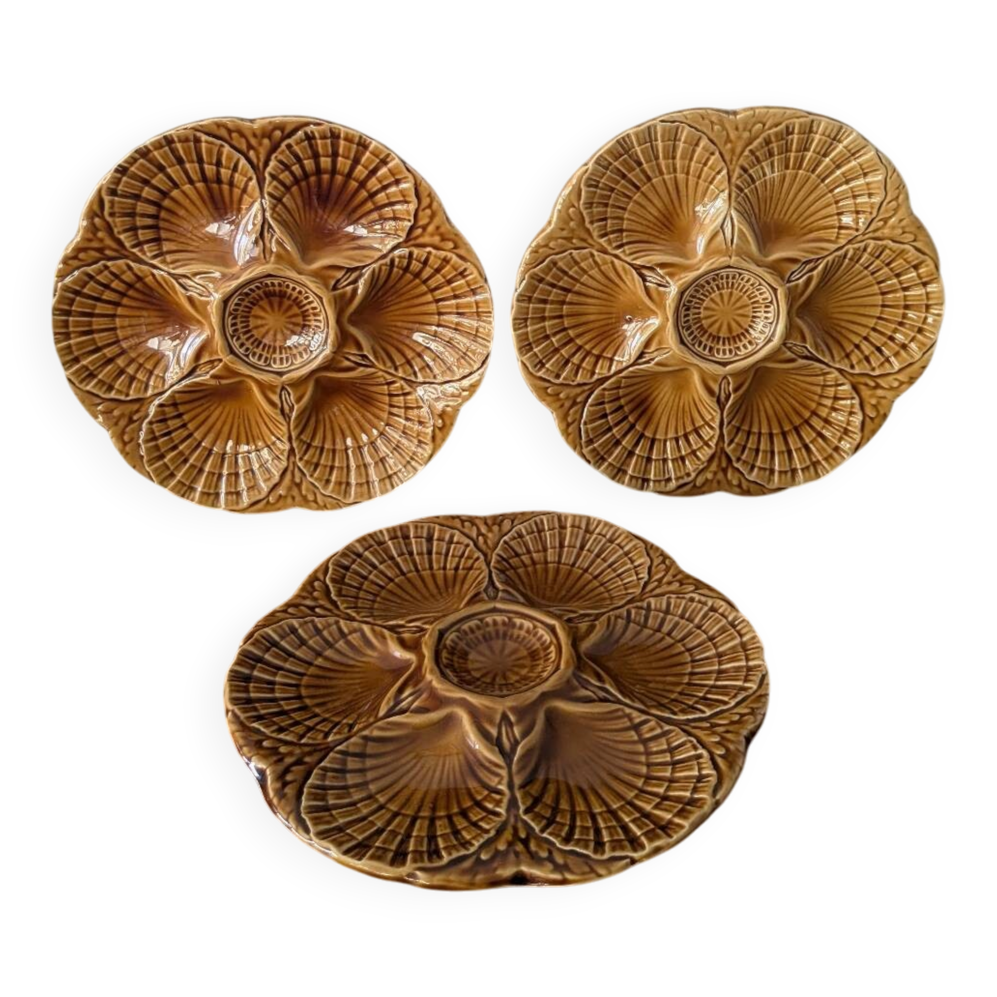 Set of 3 vintage brown Sarreguemines majolica oyster plates.