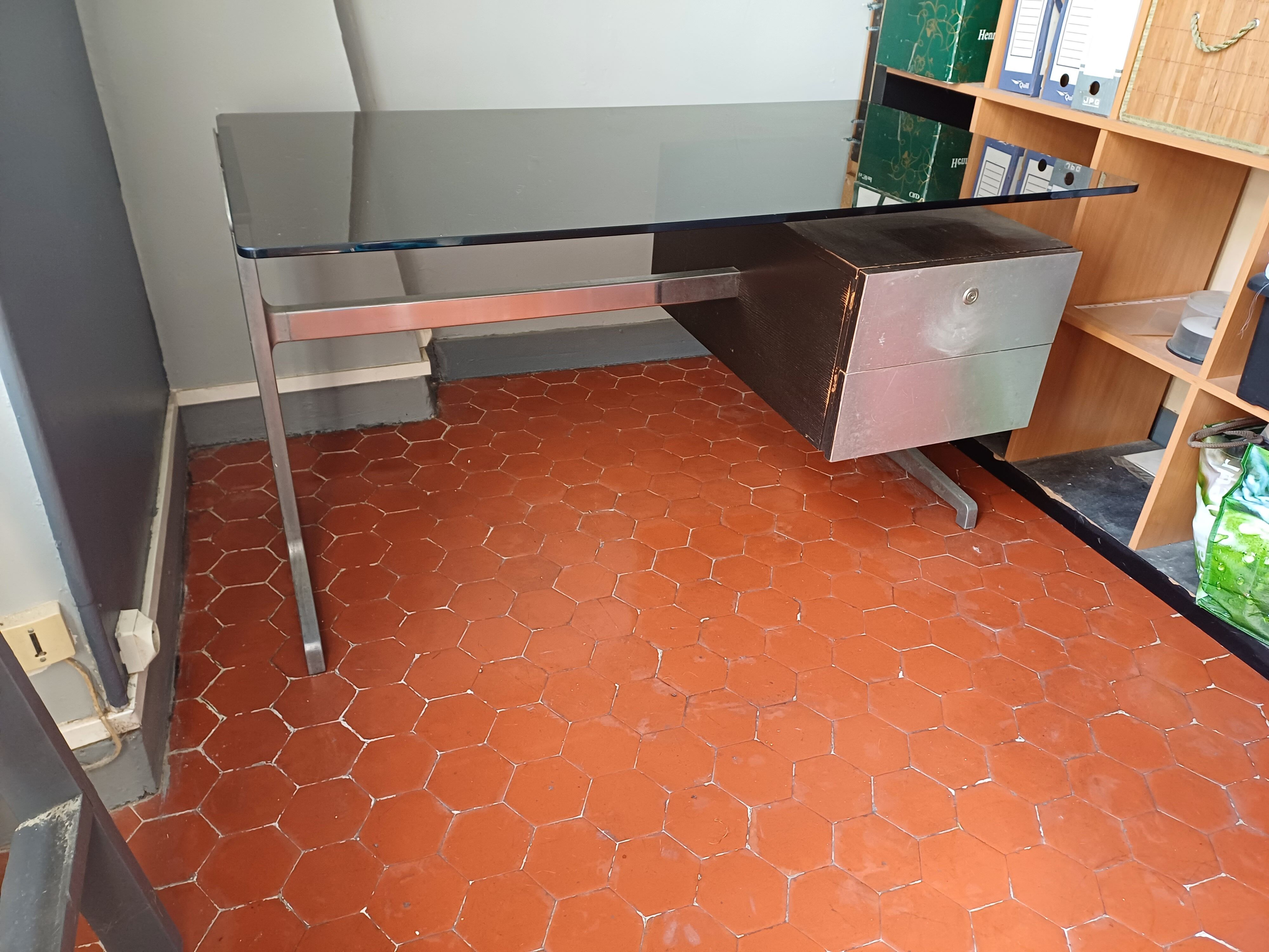 Bureau design vintage plateau verre style etienne fermigier 1970