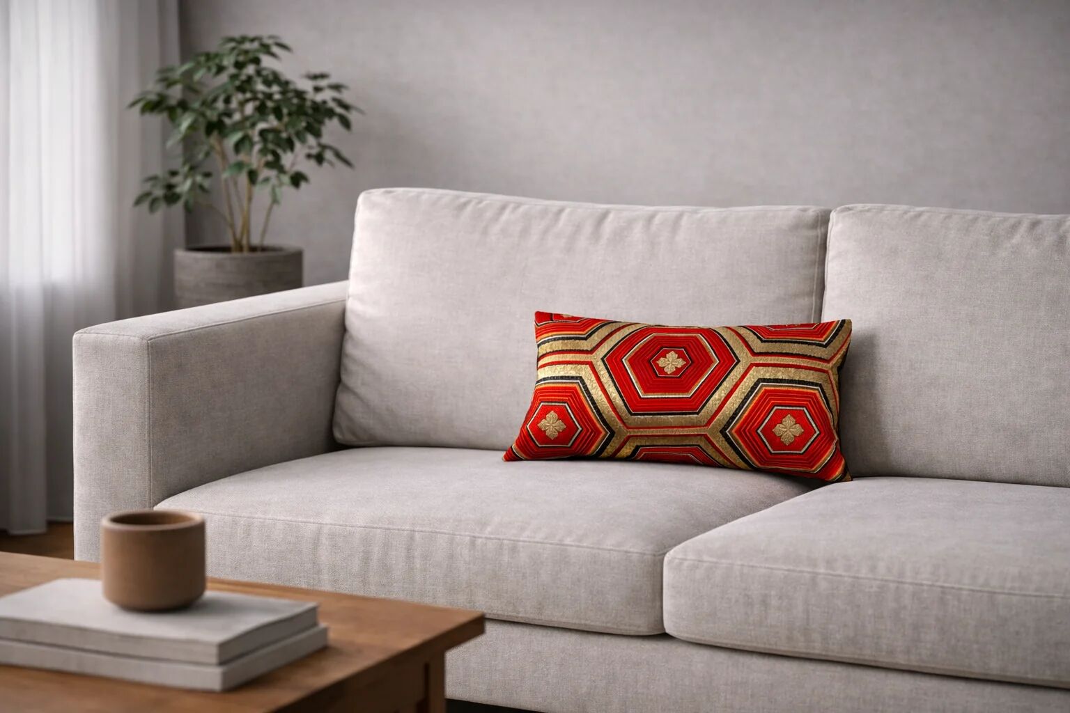 Coussin lombaire hexagonal vermillon Kikkō Vanguard — noir, rouge et or