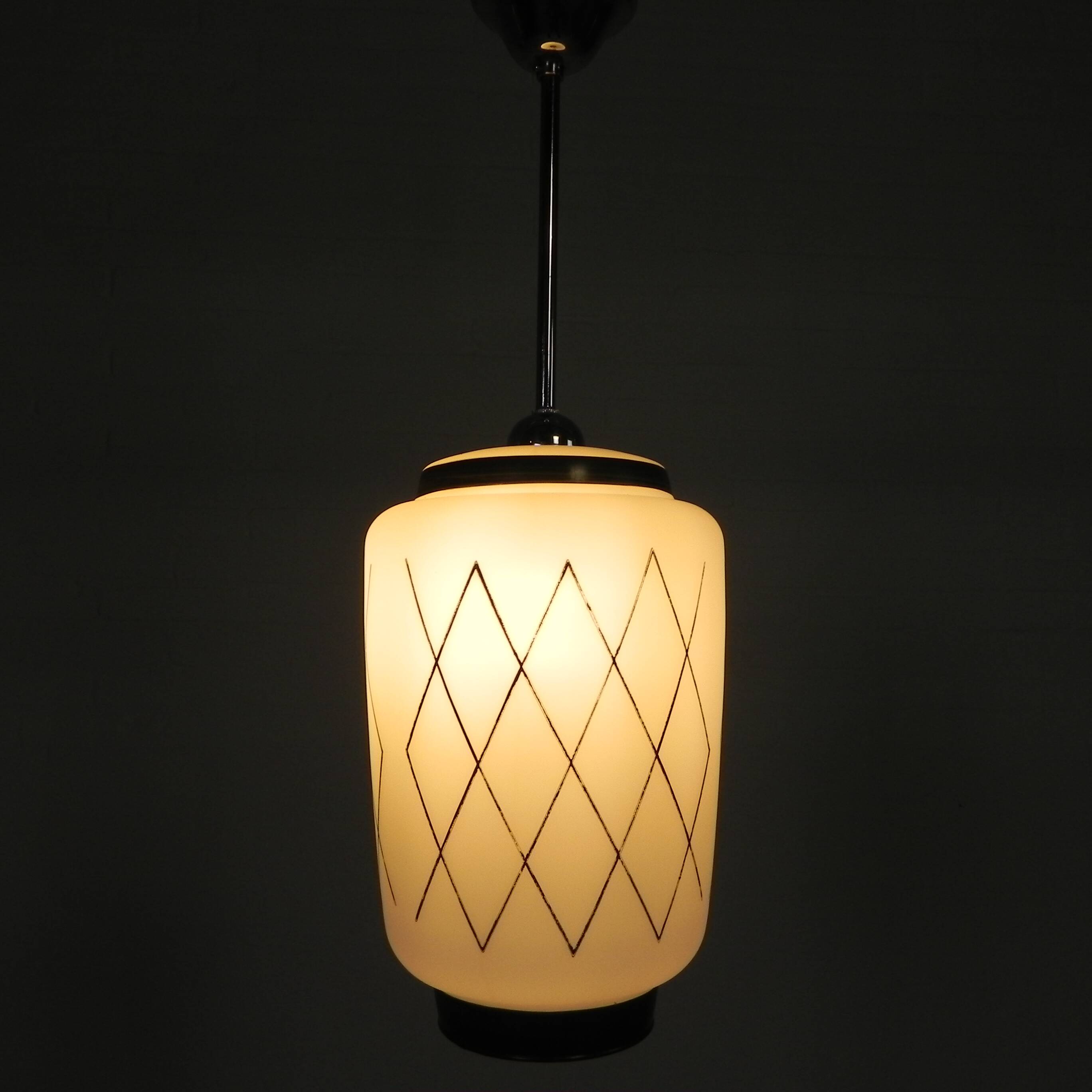 Vintage suspension with opaline lampshade and black decoration, 1950s.