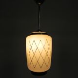 Vintage suspension with opaline lampshade and black decoration, 1950s.