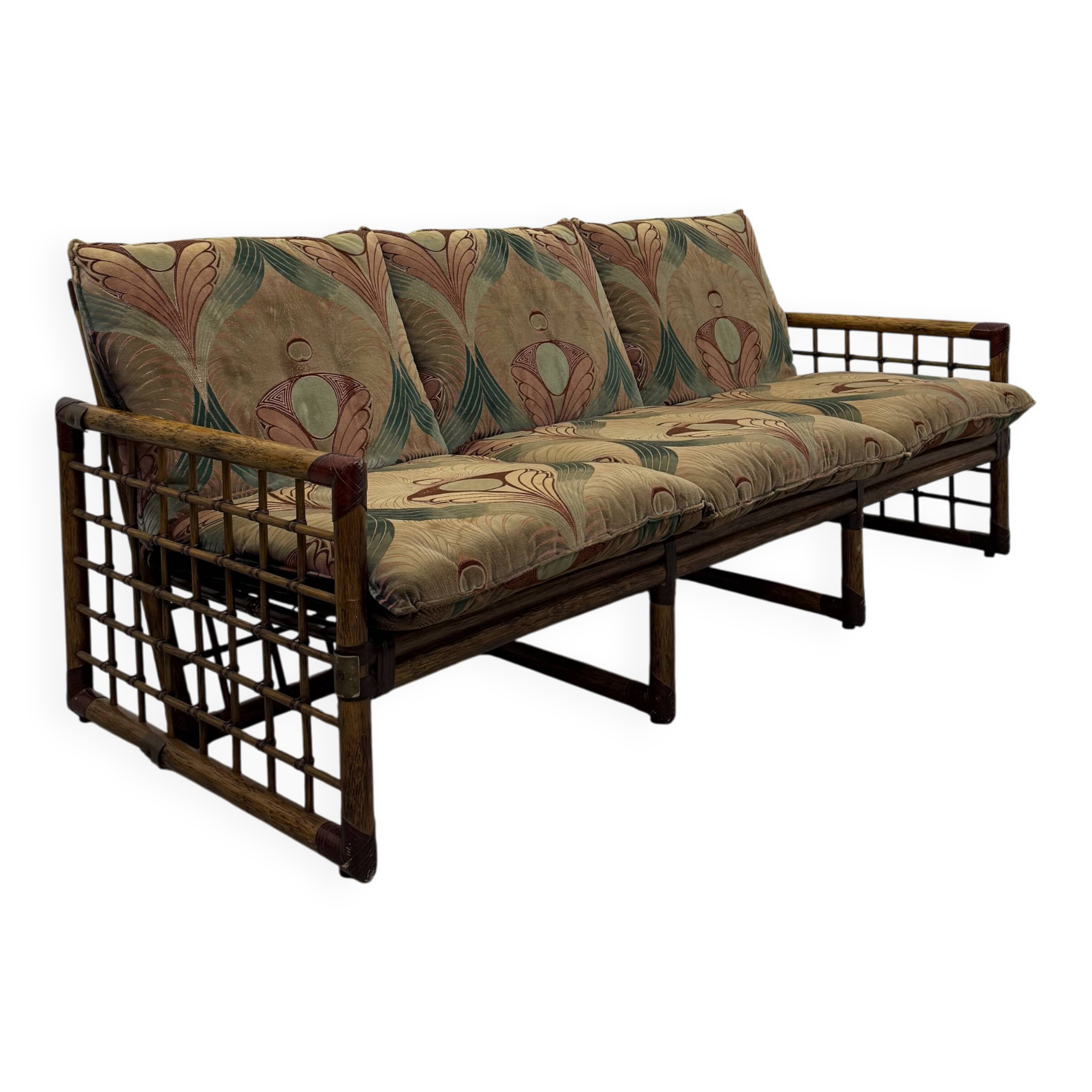 Canapé italien des années 1970 en bambou, rotin, laiton et tissu style Liberty
