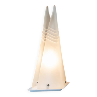 Milky White Murano Frosted Glass Pyramid Table Lamp with White Metal Base - Italian Space Age Design, 1970s