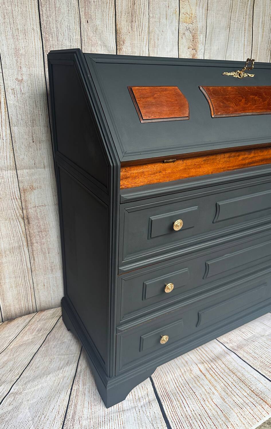 Wooden and black secretary desk