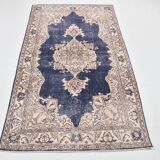 4x7 Beige & Blue Wool Vintage Rug, Handwoven Persian Rug, 116x198Cm
