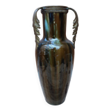Ceramic vase with dripping in the style of jerome massier or belgian work with bronze handles