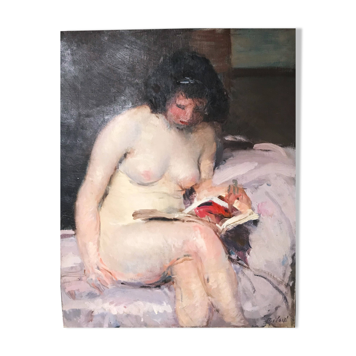 Tableau, nue à la lecture, huile sur toile de Louis François Biloul