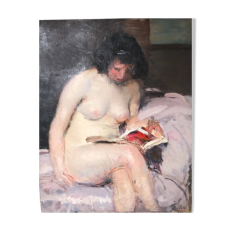 Painting, nude reading, oil on canvas by Louis François Biloul