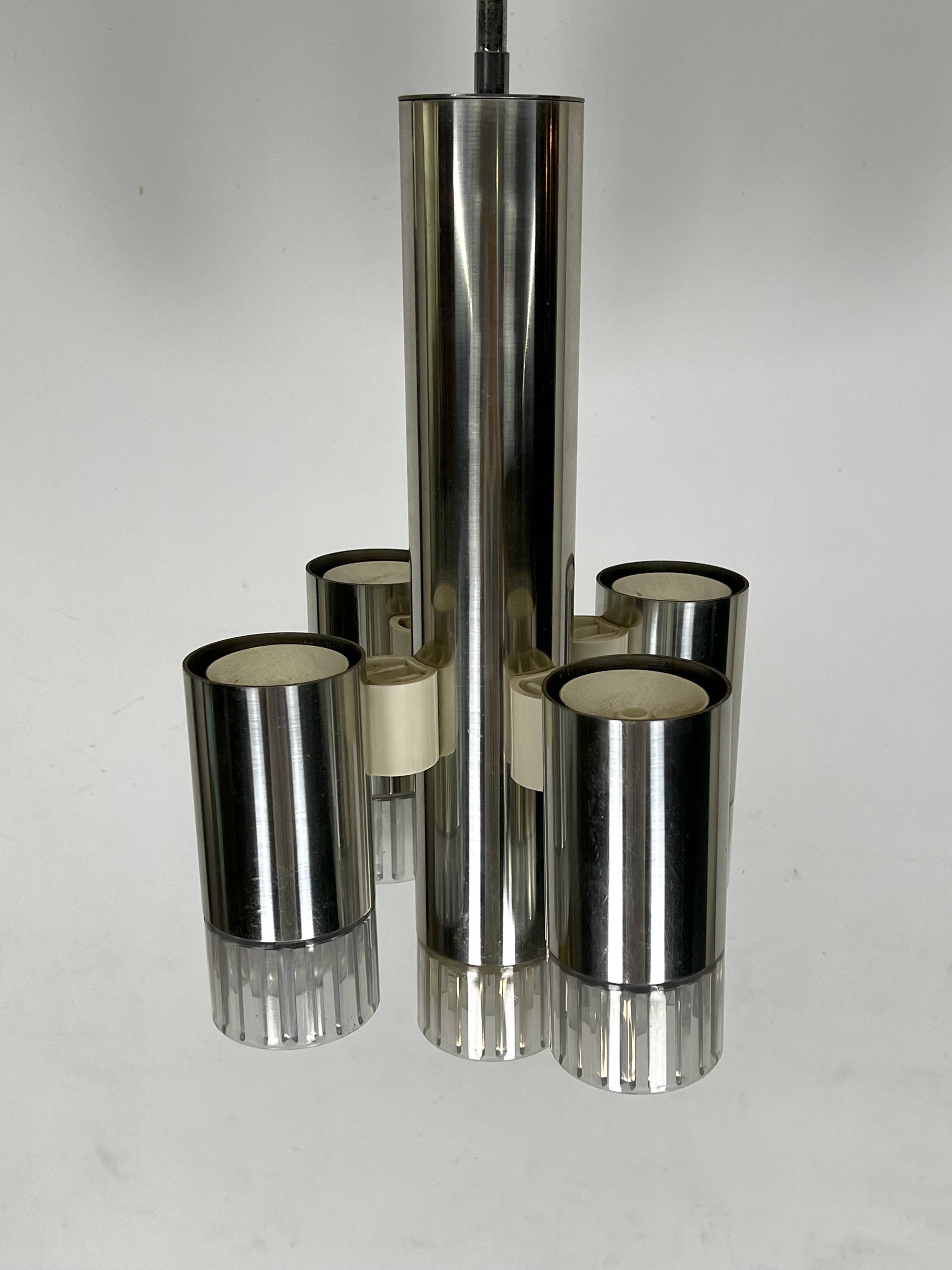 Sciolari geometric chrome and plexiglass 5 lights chandelier. Italy 1970s