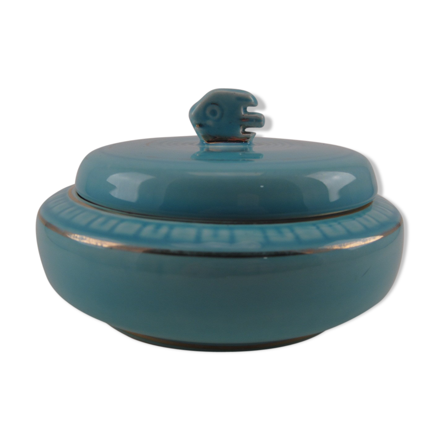 Turquoise blue earthenware candy box decorating stylized frieze fish Art Deco