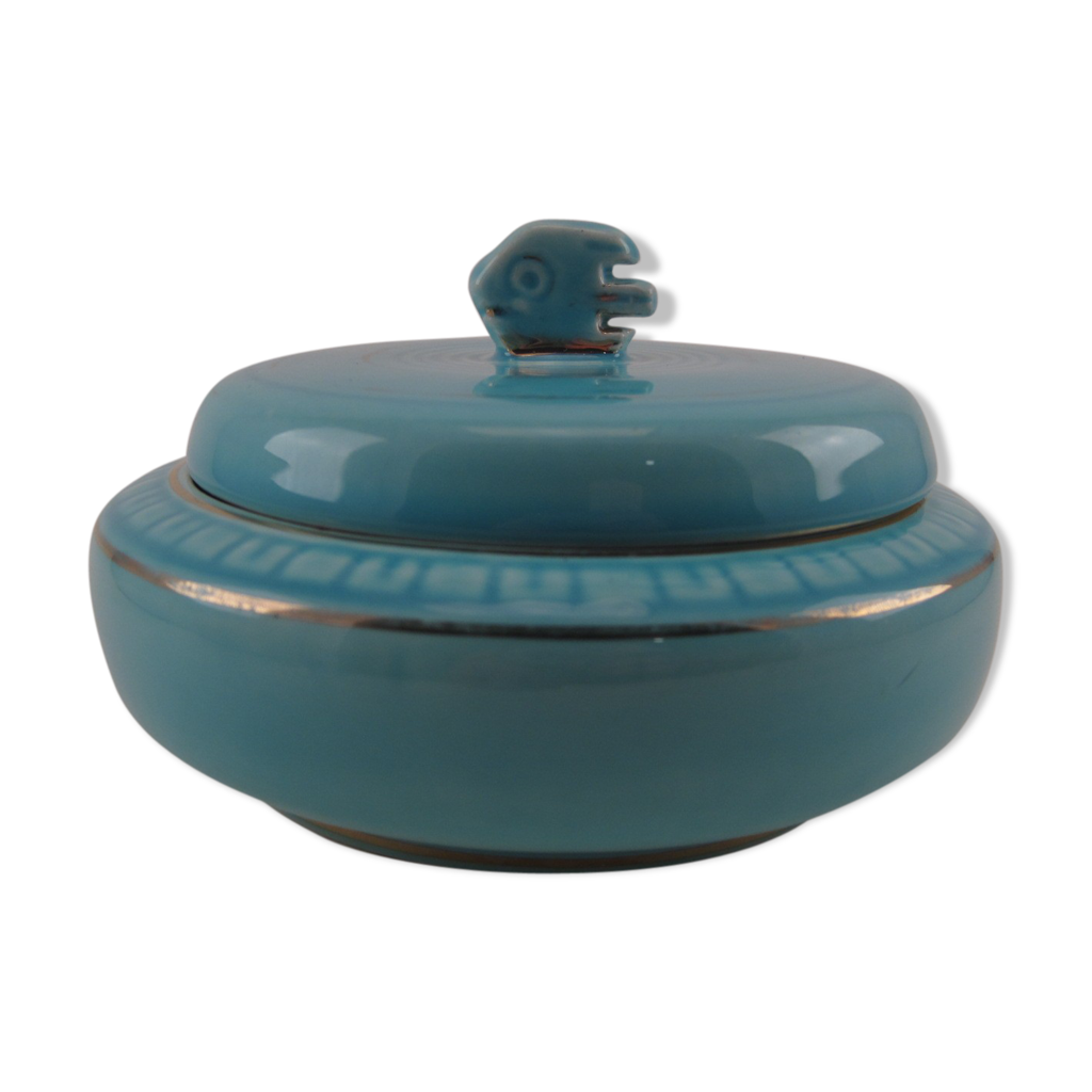 Bonbonnière en faïence bleu turquoise décor poisson frise stylisé Art