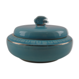 Turquoise blue earthenware candy box decorating stylized frieze fish Art Deco