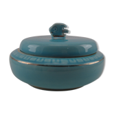 Bonbonnière en faïence bleu turquoise décor poisson frise stylisé Art Deco