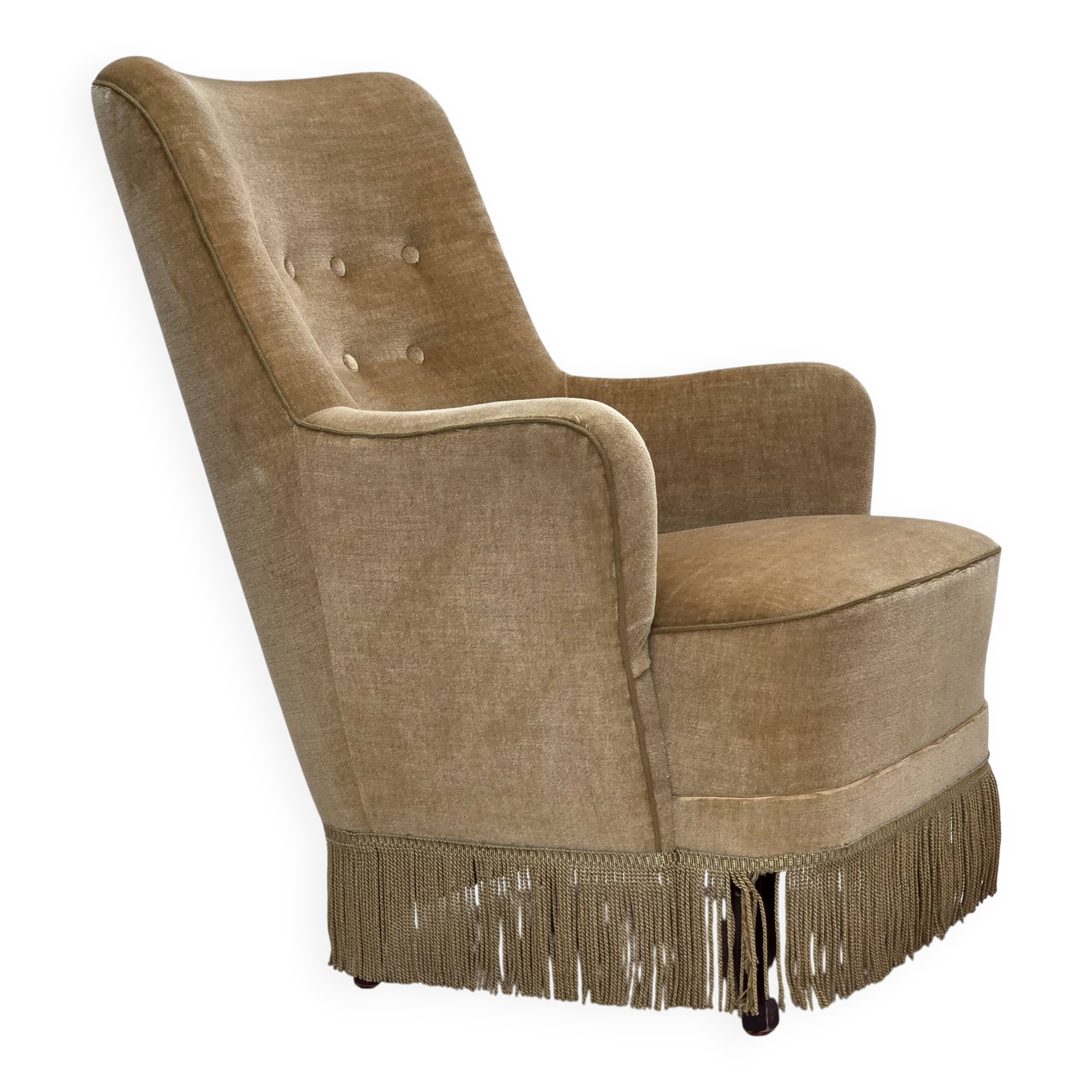 1970s, Danish highback armchair, light green furniture velour.