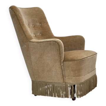 1970s, Danish highback armchair, light green furniture velour.