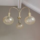 Three-globe brass chandelier in amber/vintage glass 60s-70s