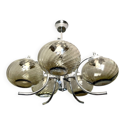 Grand lustre chromé et verres fumés 1970