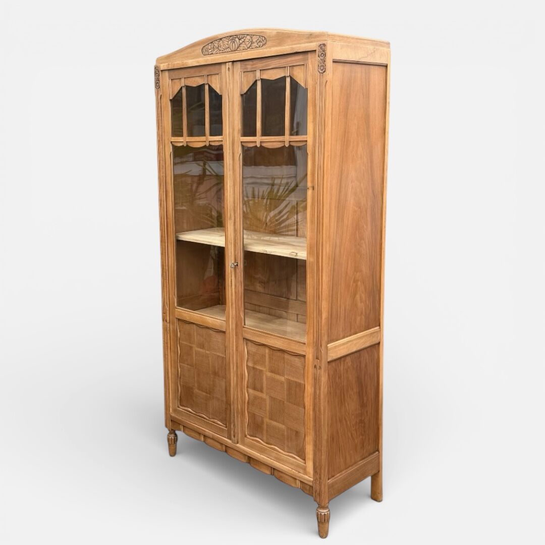 Parisian glass-fronted Art Deco wardrobe in solid raw walnut.