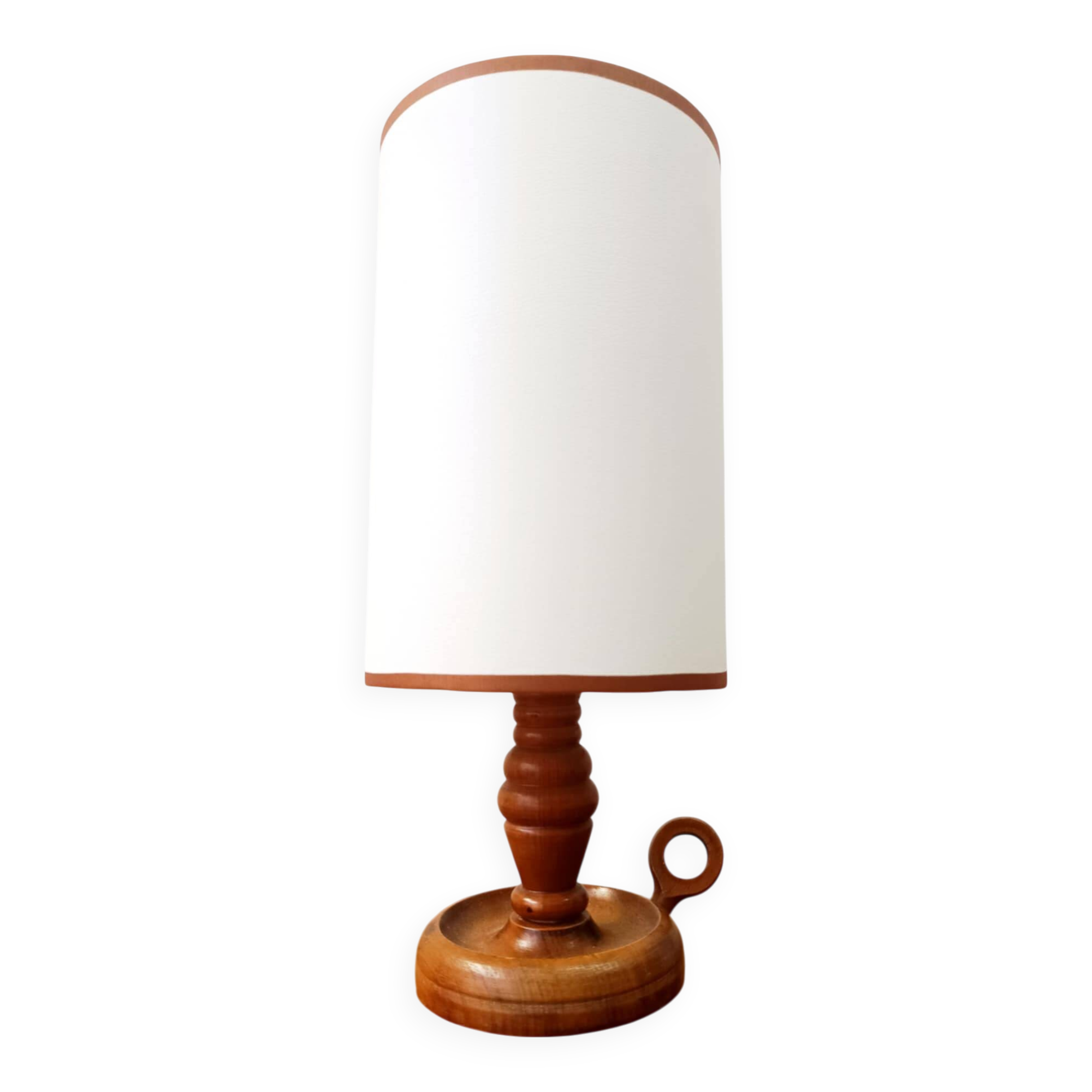 Vintage wooden lamp with white faux leather shade