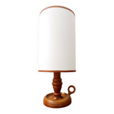 Vintage wooden lamp with white faux leather shade