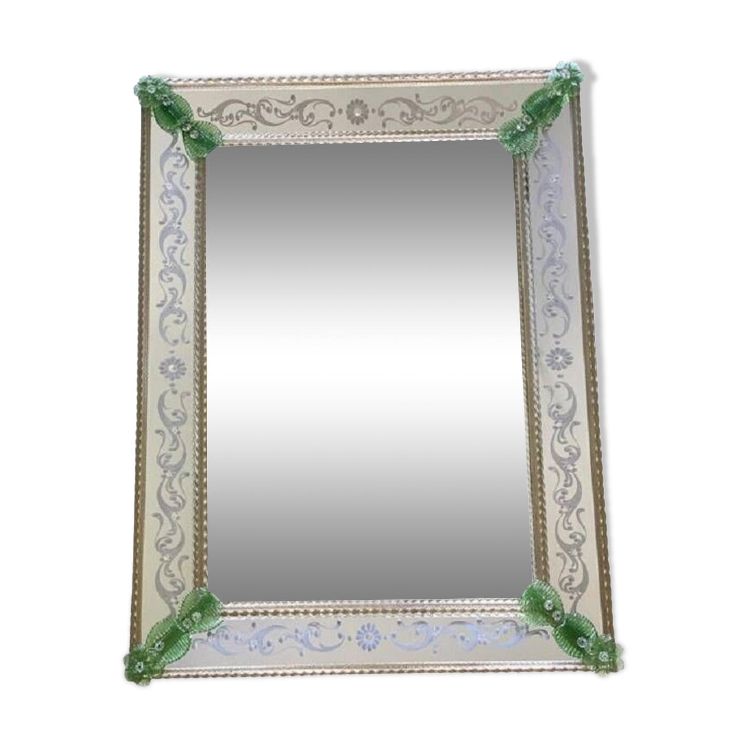Contemporary rectangular Venetian mirror in floral green, hand-carved in Murano glass.
