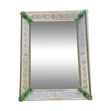 Contemporary rectangular Venetian mirror in floral green, hand-carved in Murano glass.