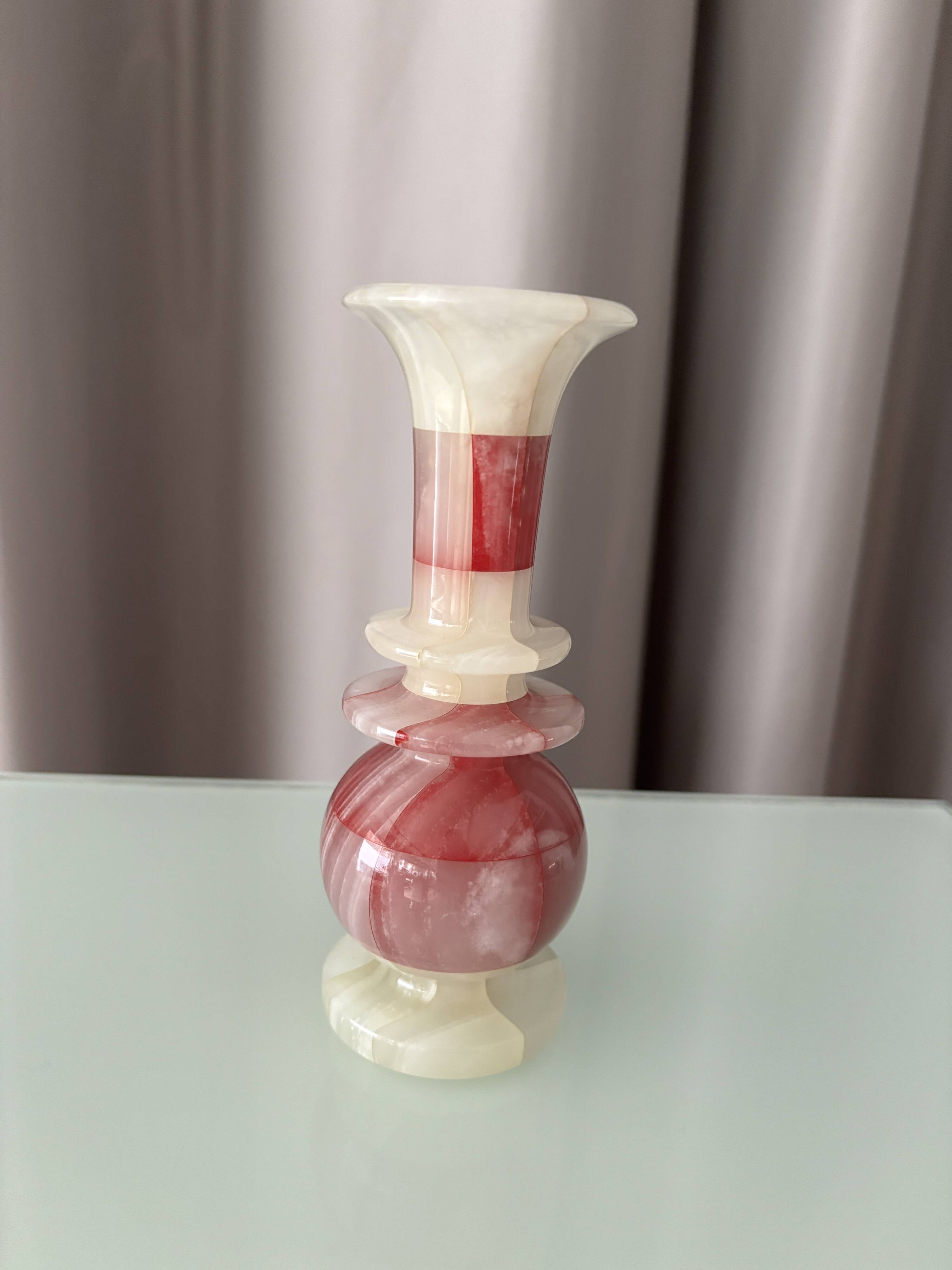 Vintage Patchwork Onyx Vase – Pink & White Stone, Handcrafted (ca. 1970s)