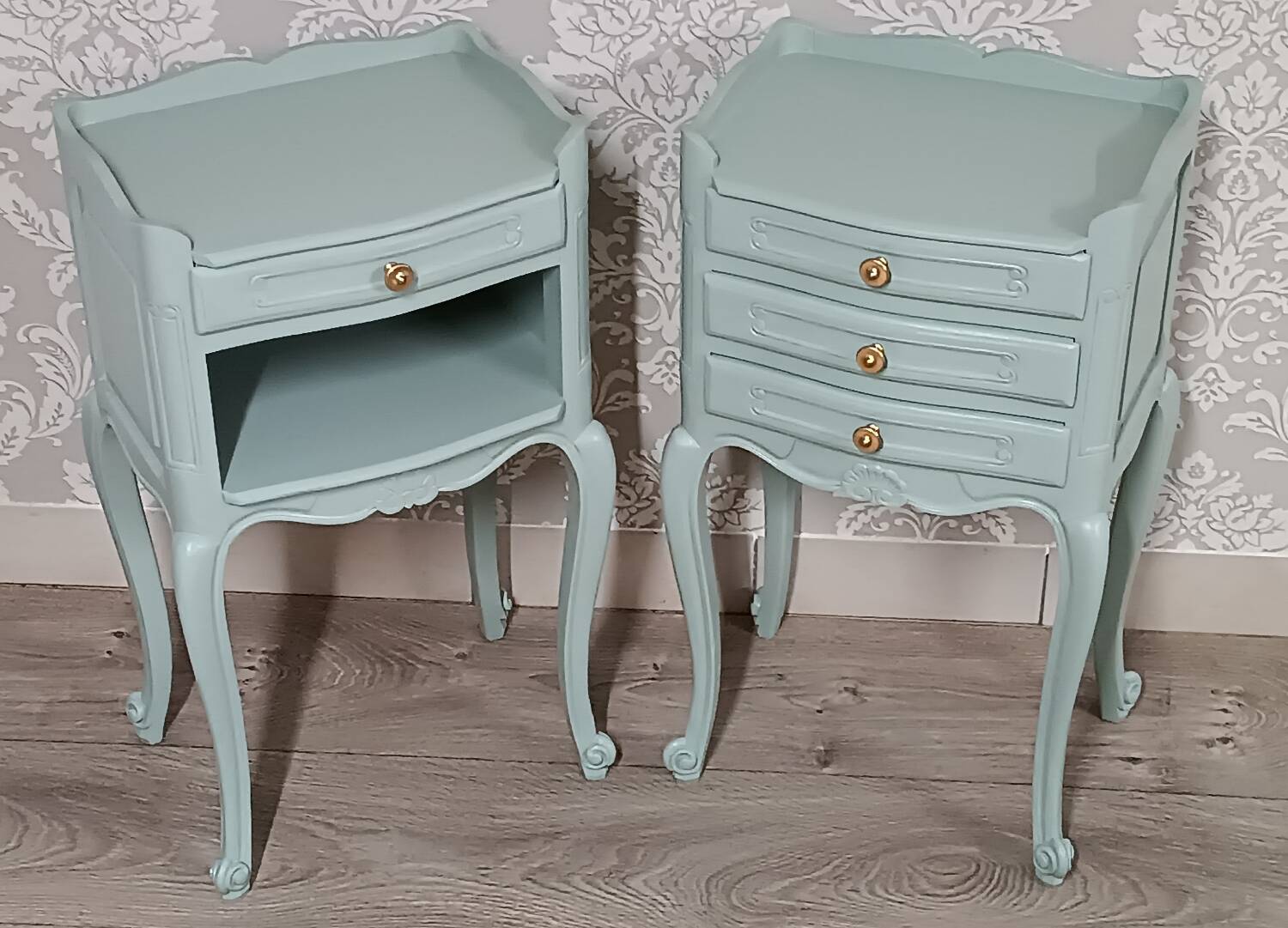 Louis XV style chest of drawers and bedside tables.