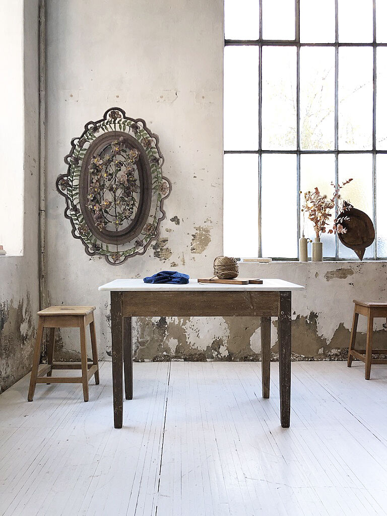 Oak and marble farm table
