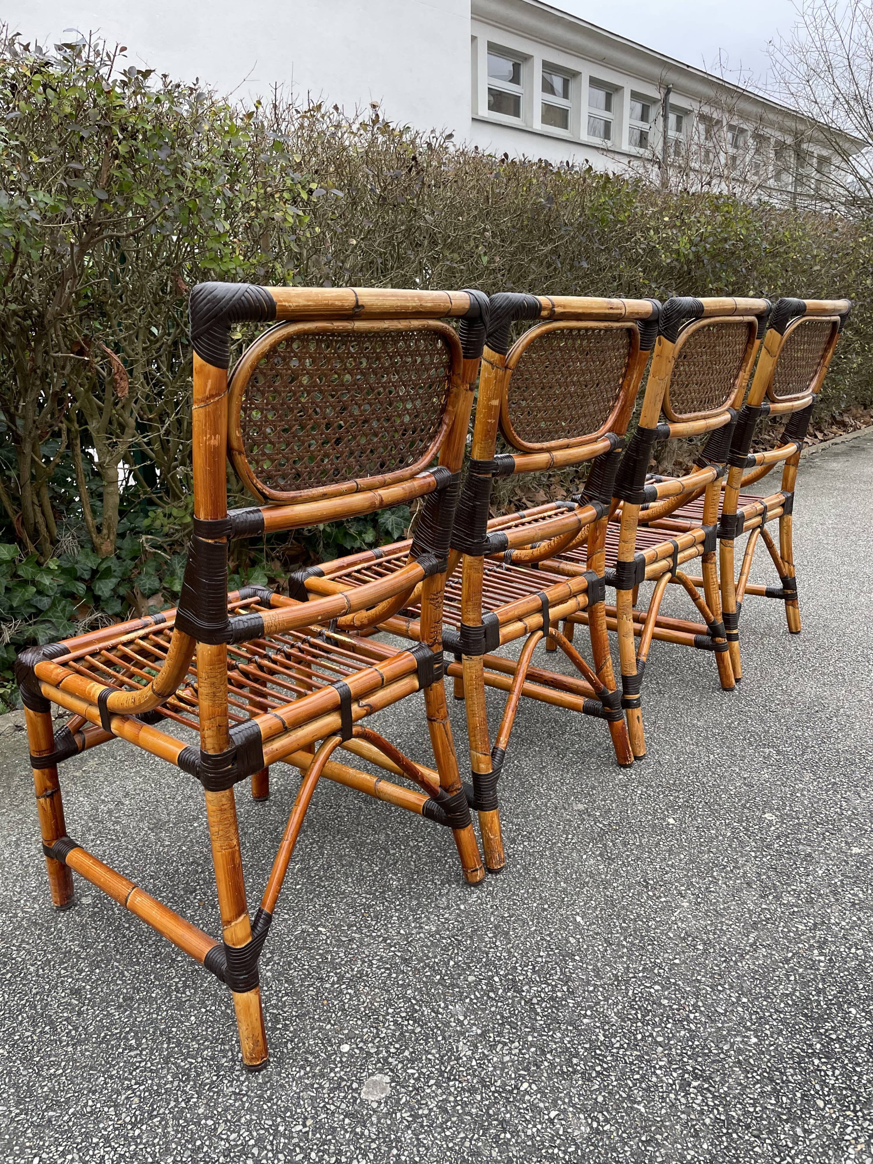 4 chaises en bambou et cannage
