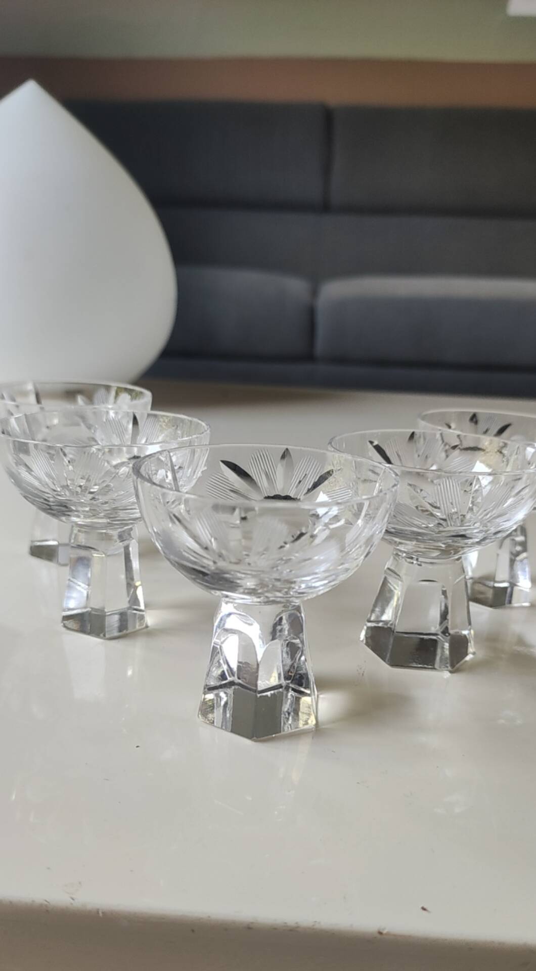 Lot of 5 Small Digestif/Liqueur Glasses. Cut Bohemian crystal. Floral.